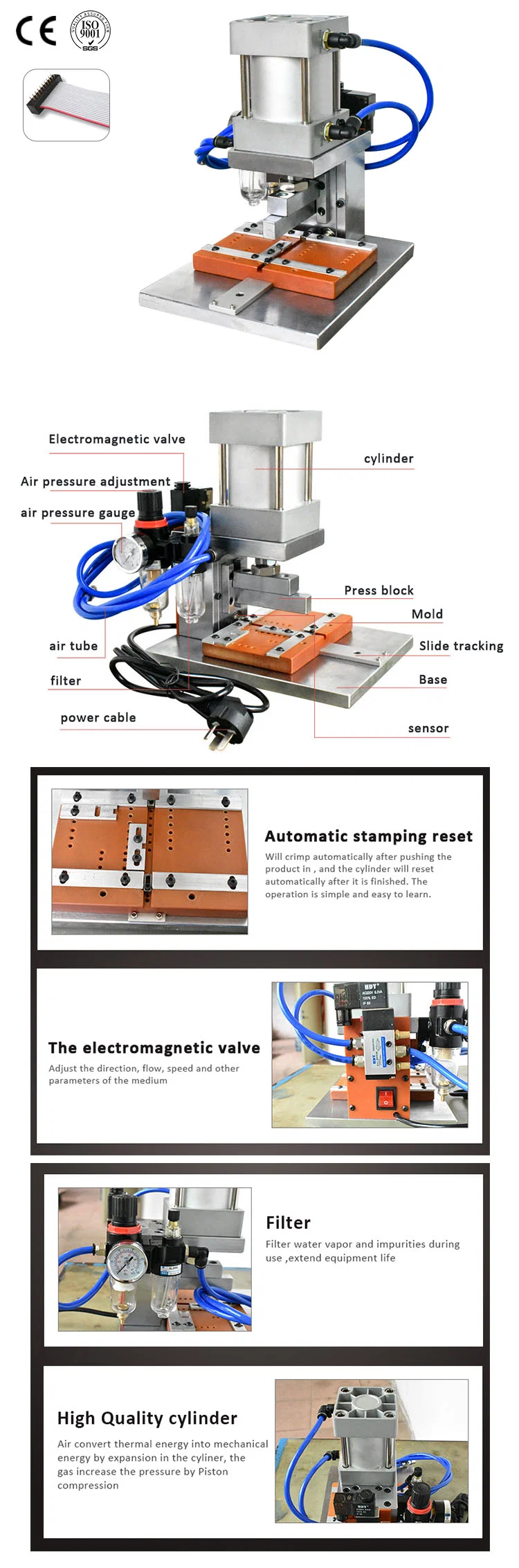 Máquina de friso do conector do cabo de fita liso de 4-64p Idc, máquina de carimbo automática da imprensa pneumática do fio de Ffc, máquina de friso semiautomática do conector do Fe-macho do cabo de fita de 4-60 pinos para a máquina lisa do friso do cabo de Idc